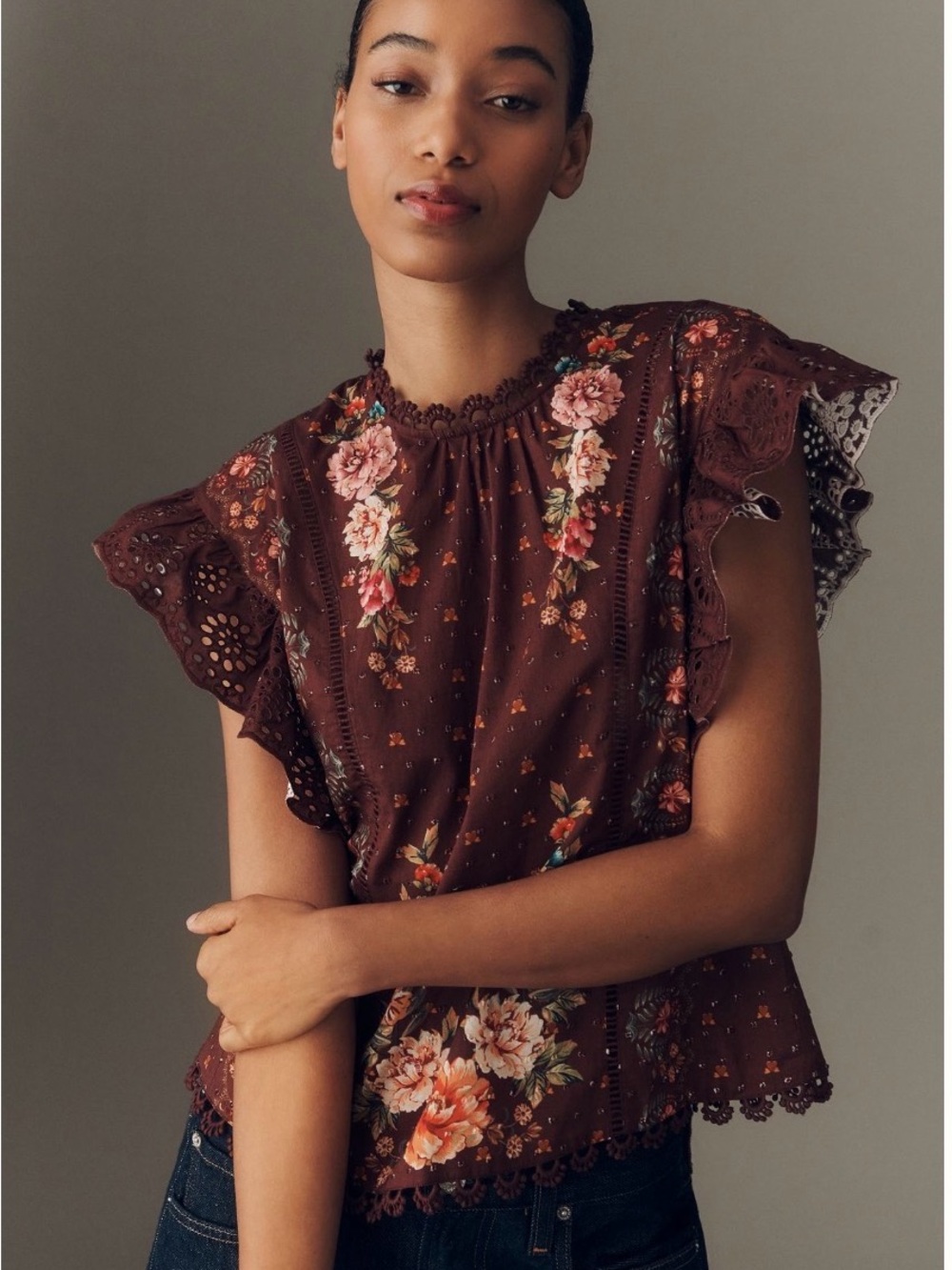 FARM Rio Burgundy Floral Eyelet Flutter Sleeve Blouse